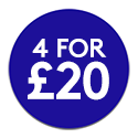 Blue promotional roundel reading: 4 for £20
