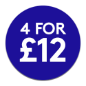 Blue promotional roundel reading: 4 for £12