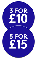 Two blue promotional roundels reading 3 for £10 and 5 for £15