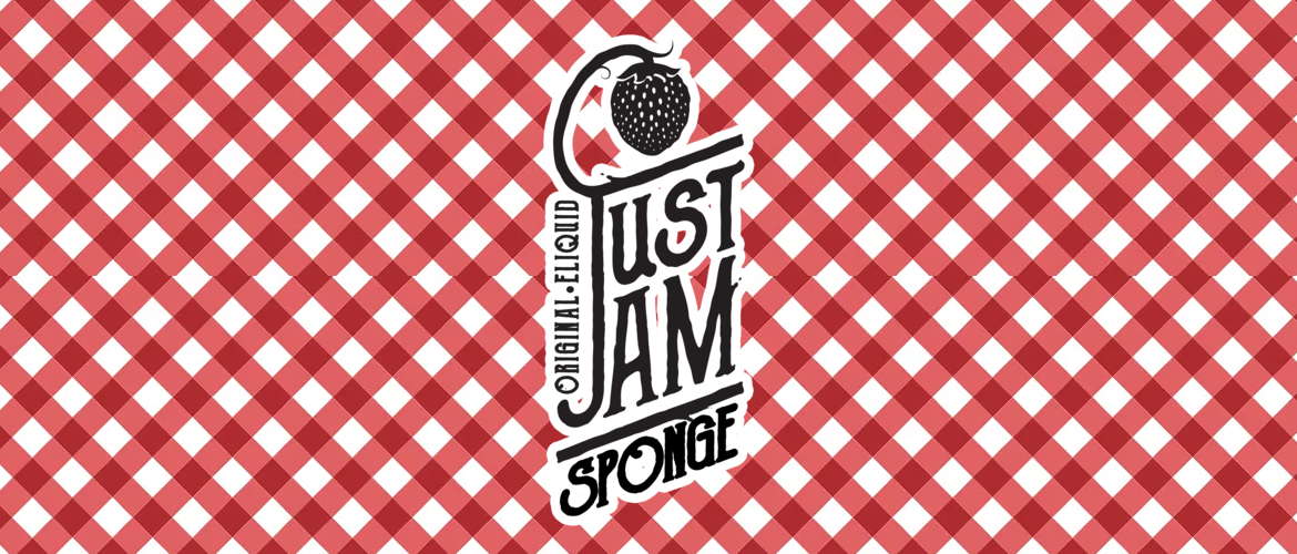 Image of the Just Jam Sponge E-liquid range logo on a red and white picnic background.