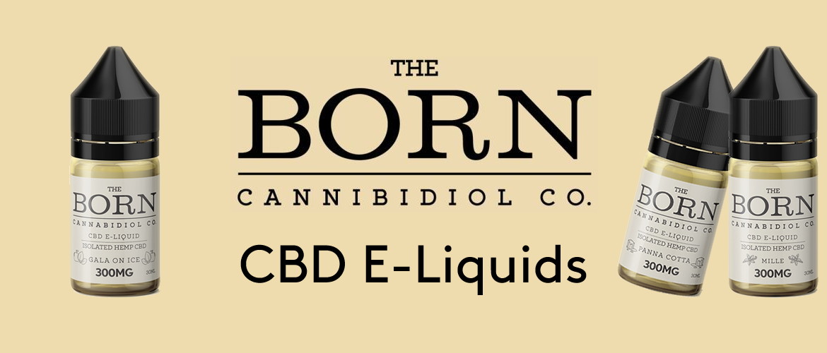 The Born CBD E-Liquid products and logo on a beige background