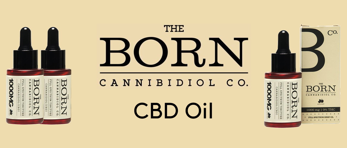 The Born CBD Oil products and logo on a beige background
