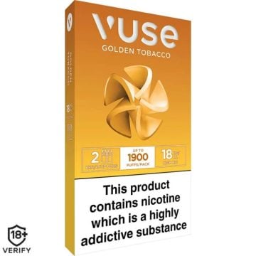 One Vuse pod in the flavour golden tobacco on a white background