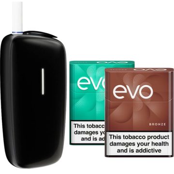 A black Ploom X Advanced heated tobacco kit alongside two boxes of EVO tobacco sticks