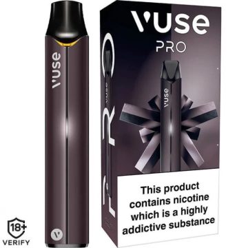 A Vuse Pro prefilled pod vape kit next to its box on a white background