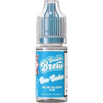 A 10ml bottle of Double Brew vape juice in the flavour blue slush ice on a white background