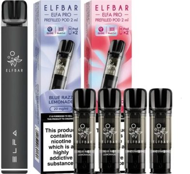 A black Elf Bar ELFA PRO pod vape kit alongside ELFA PRO pods in front of a white background