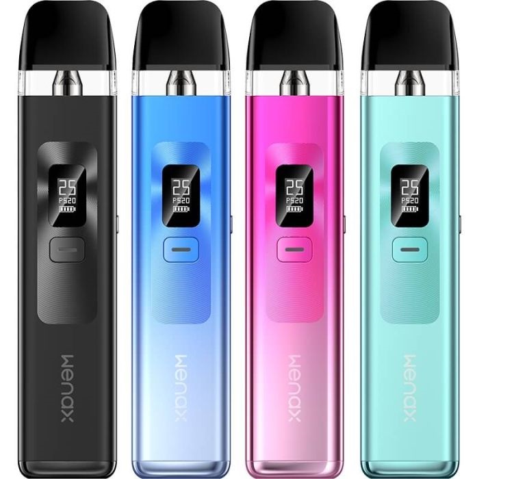 Four Geekvape Wenax Q pod vape kits in assorted colour finishes on a white background