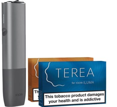 An IQOS ILUMA ONE heated tobacco kit alongside two packs of TEREA tobacco sticks on a white background