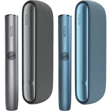 Two IQOS ILUMA heated tobacco devices in blue and grey on a white background