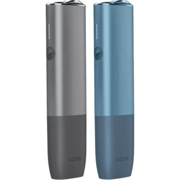 Two IQOS ILUMA ONE heated tobacco devices in blue and grey on a white background