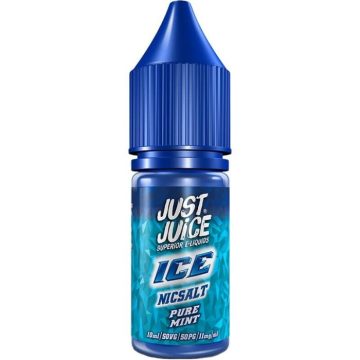 A 10ml bottle of Just Juice nic salt vape juice in the flavour pure mint on a white background