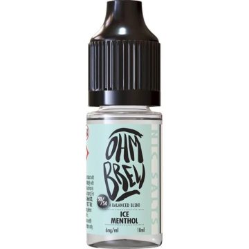 A 10ml bottle of Ohm Brew 50/50 nic salt vape juice in the flavour ice menthol on a white background