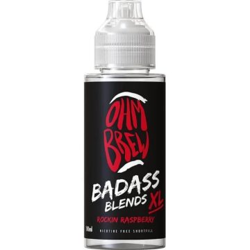 A 100ml bottle of Ohm Brew Badass XL vape juice in the flavour rockin raspberry on a white background