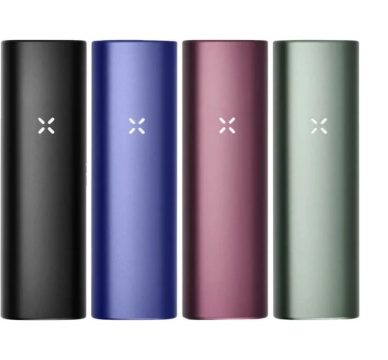 Four PAX Plus dry herb vaporizers in assorted colour finishes on a white background