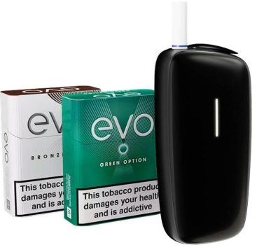 A Ploom X Advanced heated tobacco kit alongside two packs of EVO tobacco sticks on a white background