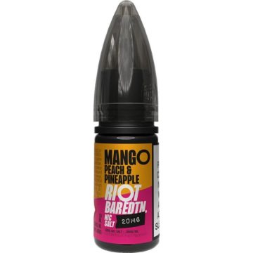 A 10ml bottle of Riot BAR EDTN vape juice in the flavour mango peach & pineapple on a white background
