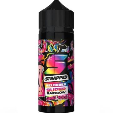 A 100ml short fill bottle of Strapped Reloaded vape juice in the flavour super rainbow on a white background