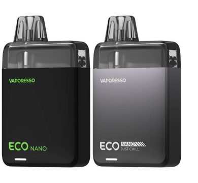 Two Vaporesso Eco Nano pod vape kits in black and grey on a white background