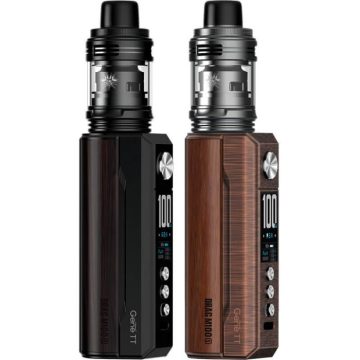 Two VOOPOO Drag M100S sub-ohm vape kits in black and brown colour finishes on a white background