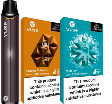 A Vuse Pro pod vape kit alongside two packs of Vuse pods on a white background