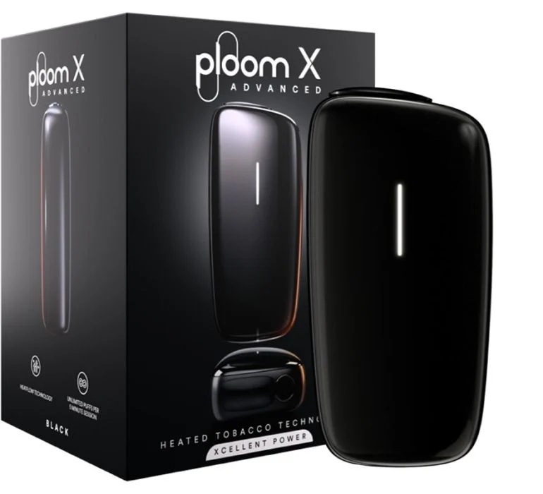 A Ploom X Advanced heated tobacco vape kit in black next to the box