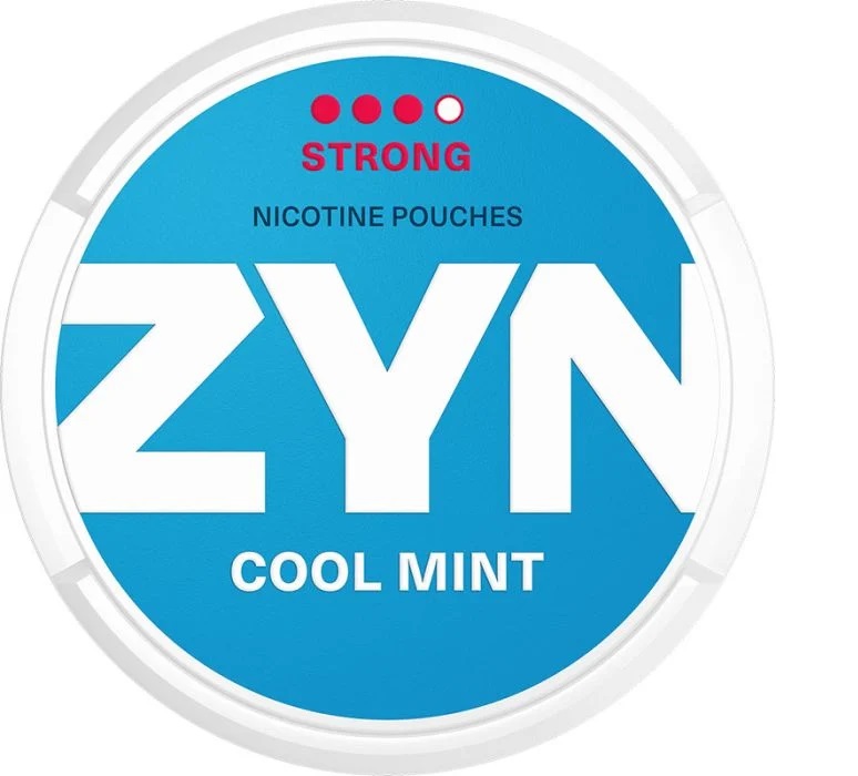 A can of Zyn cool mint nicotine pouches on a white background