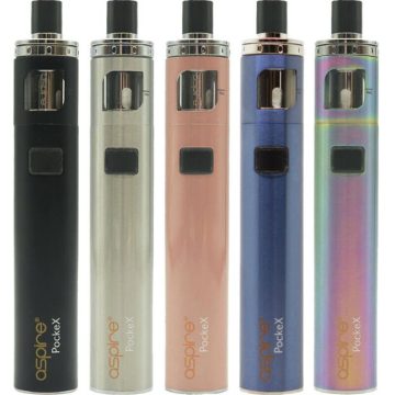 Five Aspire PockeX AIO vape pens in assorted colours on a white background