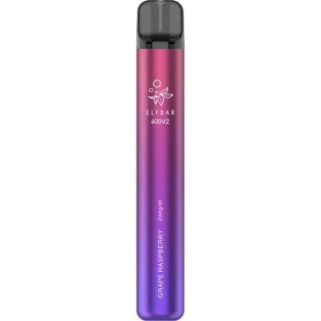 An Elf Bar 600V2 disposable vape in the flavour grape raspberry on a white background