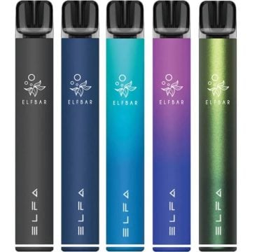 Five Elf Bar ELFA PRO pod vape kits in various different colours on a white background