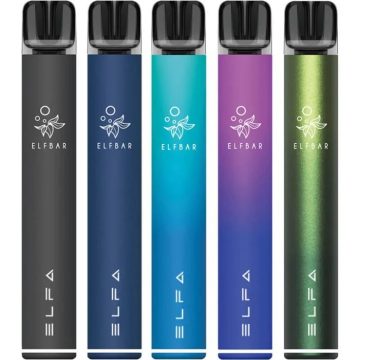 Five Elf Bar ELFA PRO pod vape kits in assorted colours on a white background