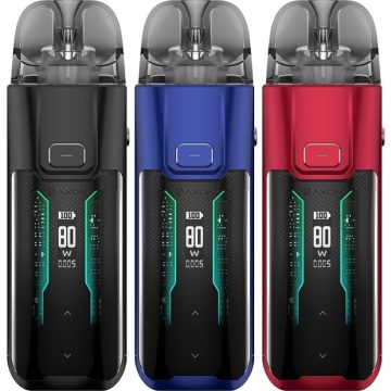 Three Vaporesso LUXE XR Max pod vape kits in different colour variations on a white background