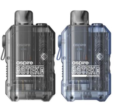 Two Aspire Gotek X pod vape kits in black and blue on a white background