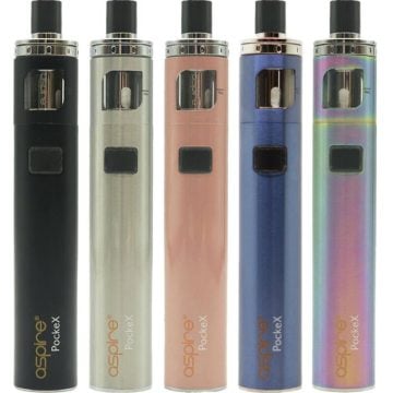 Five Aspire PockeX vape kits in assorted colours on a white background