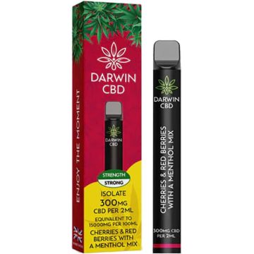 A Darwin CBD disposable vape in the flavour cherry berry menthol next to its box on a white background