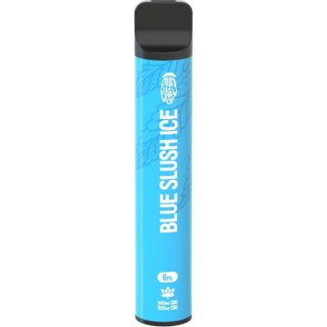 An Ohm Brew CBD disposable vape in the flavour blue slush ice