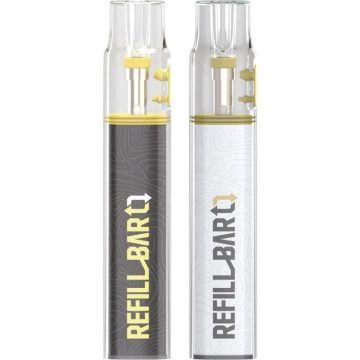 Two Ohm Brew Refill Bar refillable disposable vapes in grey and white on a white background