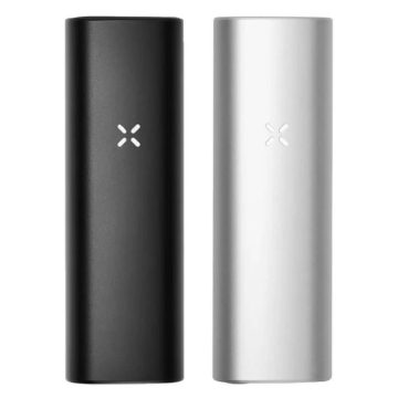 Two PAX Plus dry herb vaporizers in black and silver on a white background