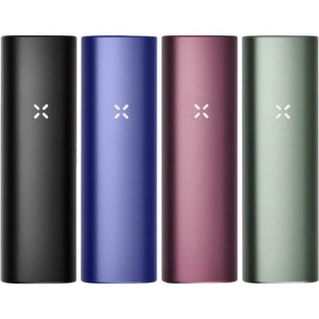 Four PAX Plus dry herb vaporizers in assorted colours on a white background