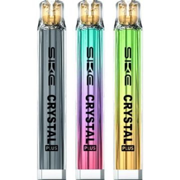 Three SKE Crystal Plus pod vape kits in assorted colours on a white background