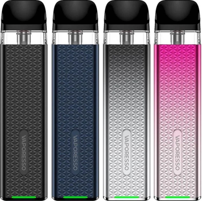 Four Vaporesso XROS 3 Mini pod vape kits in assorted colours on a white background