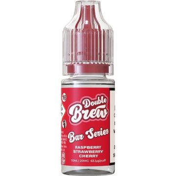 A 10ml bottle of Double Brew Bar Series nic salt vape juice in the flavour raspberry strawberry cherry