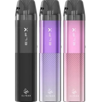 Three Elf Bar ELFX pod vape kits in assorted colours on a white background