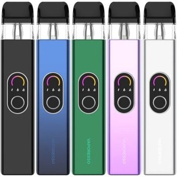 Five Vaporesso XROS 4 pod kits in different colour variations on a white background