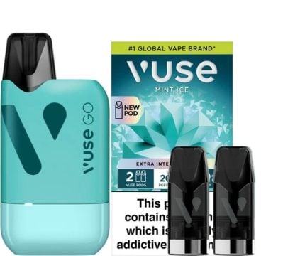 A Vuse GO Reload 1000 pod vape kit with pods on a white background