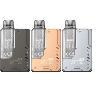 Three Aspire Gotek Pro refillable pod vape kits in assorted colours