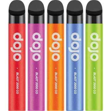 Five DOJO Blast 2000 Go pod vape kits in assorted colours