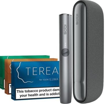 An IQOS ILUMA heated tobacco device alongside three packs of TEREA tobacco sticks