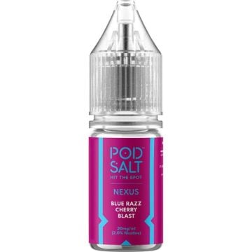 A bottle of Pod Salt Nexus vape juice in the flavour blue razz cherry blast