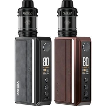 Two VOOPOO Drag 5 refillable vape kits in black and brown